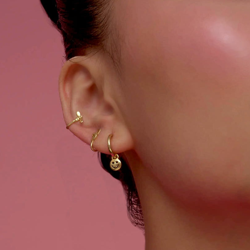 Smiley Face Hoop Earrings - Happy 925 Silver Gold Hoops