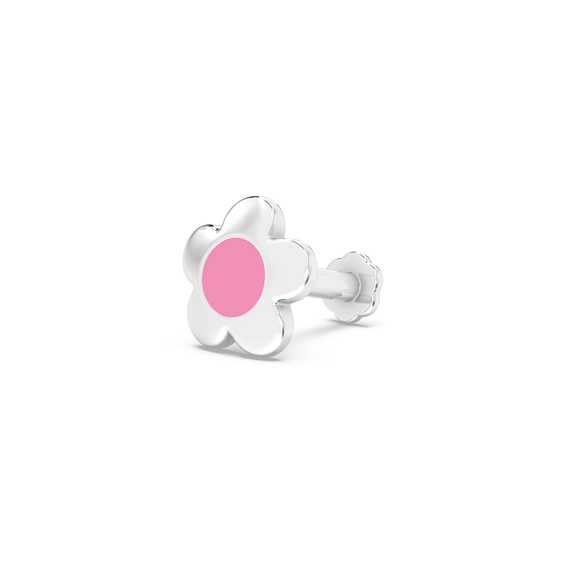 Floral 925 Silver Nose Pin - Pink Enamel Flower Nosepin