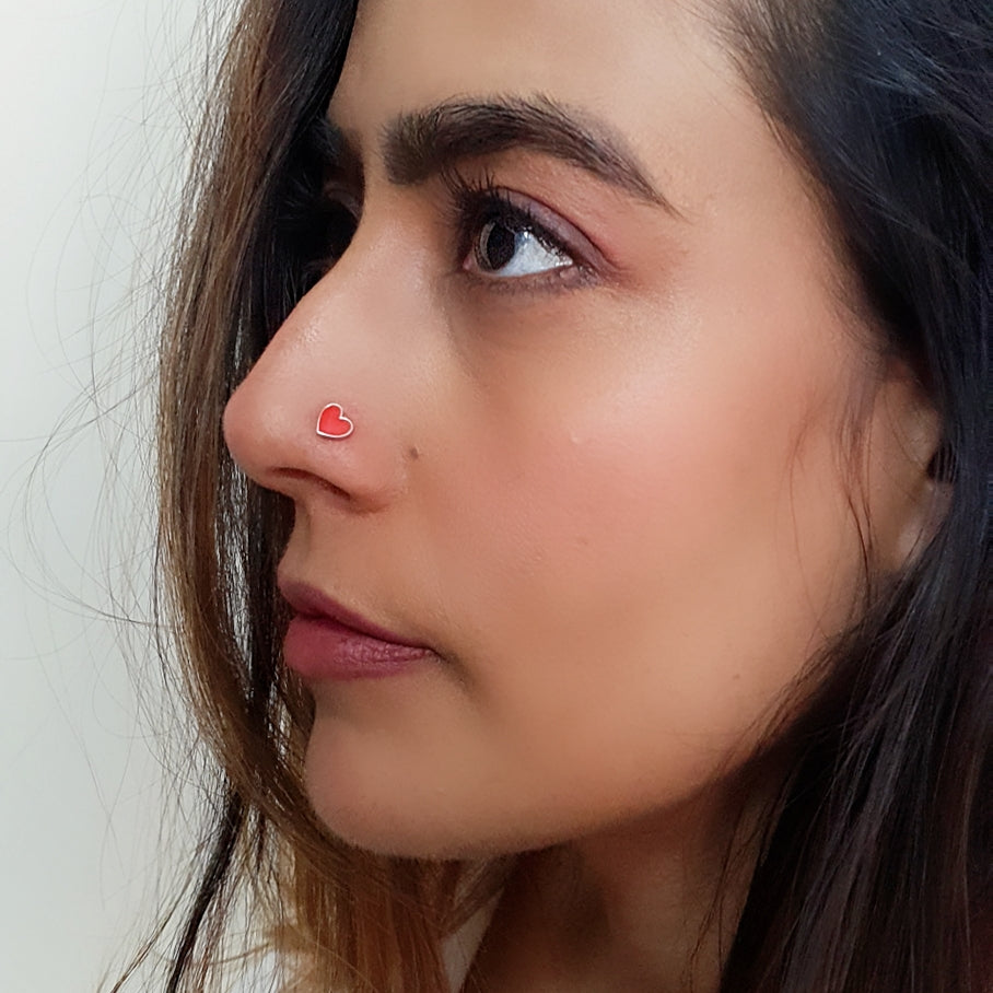 Heart 925 Silver Nose Pin - Red Enamel Love Symbol Nosepin