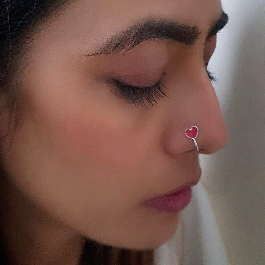 Heart 925 Silver Nose Pin - Red Enamel Love Symbol Nosepin